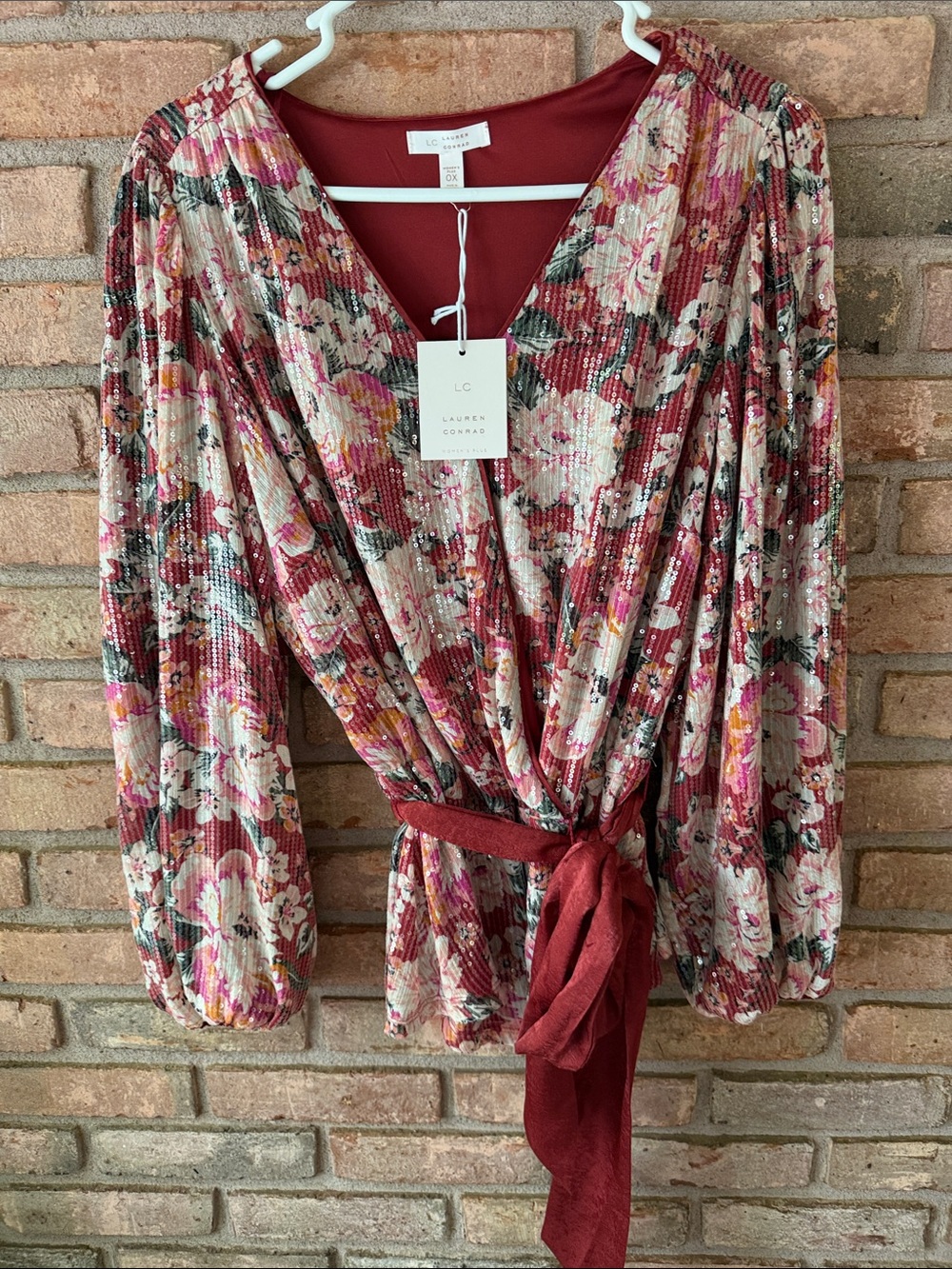 LC Lauren Conrad Rose Floral Sequined Blouse in Rust Red